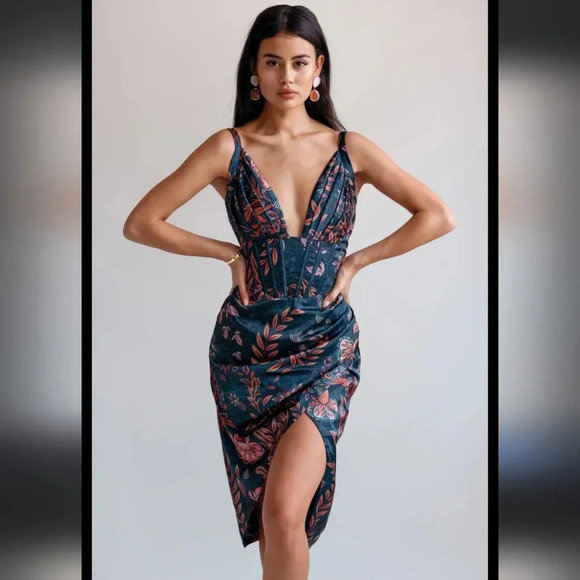 NEW averie Halley Paisley floral cobalt blue draped corset midi women dress XXL - Picture 3 of 15